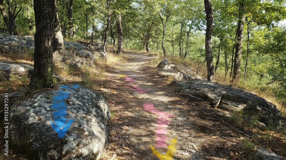 Aufkleber colorful trail markings on a nature path surrounded by rocks and trees guiding hikers through the fo
