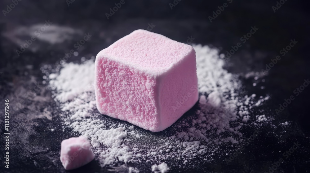 Poster Pink strawberry marshmallow zephyr on a dark background with powdered sugar highlighting its fluffy texture in close-up detail