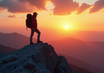 Obraz premium hiker stands triumphant atop mountain breathtaking