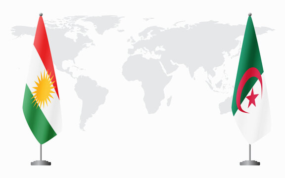 Kurdistan and Algeria flags for official meeting against background of world map.