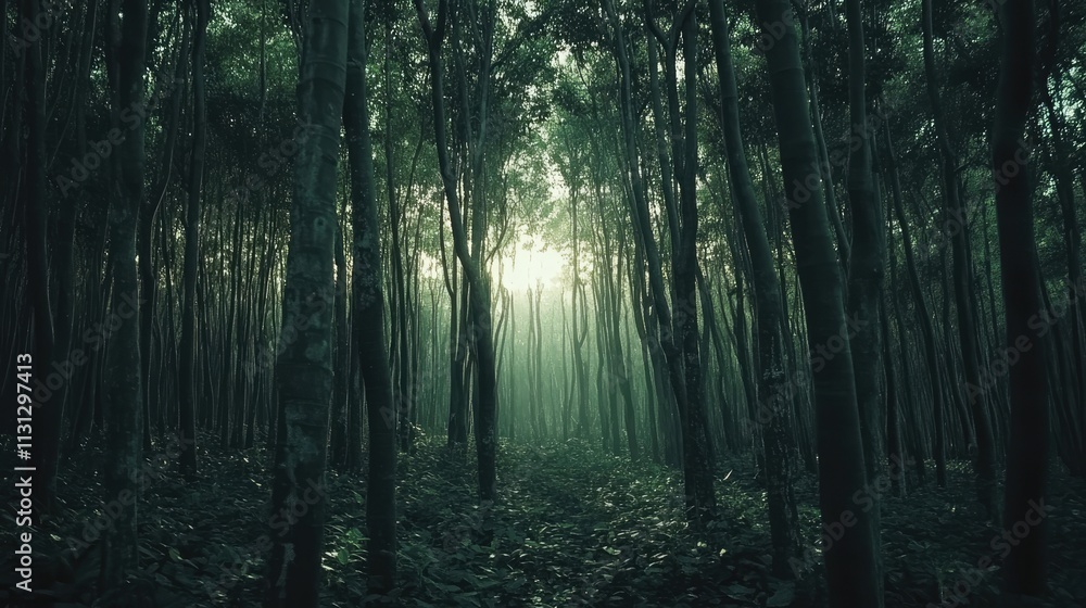 Poster serene natural rubber tree plantation shrouded in mist with sunlight filtering through dense forest 