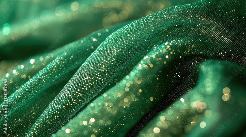 Poster Green sparkly mesh fabric with shimmering threads creating a vibrant and rich texture ideal for elegant decorations and design projects.