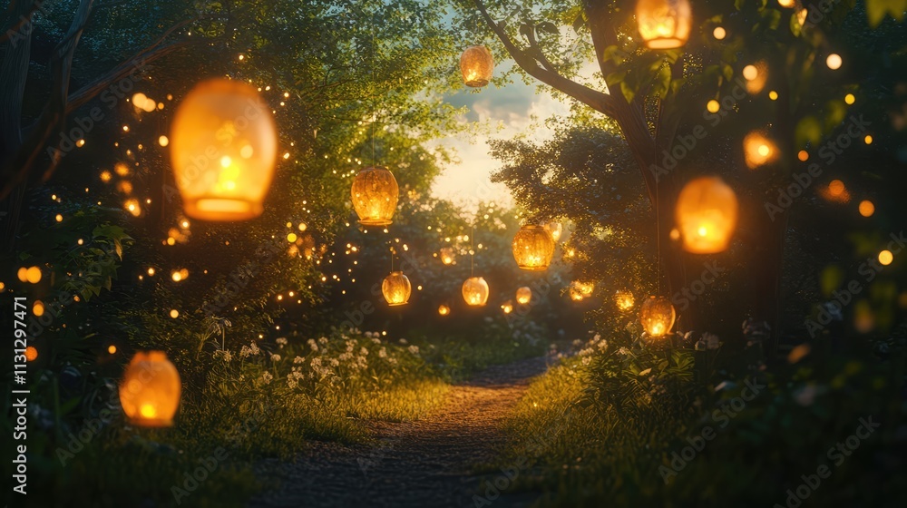 Aufkleber Magical forest path illuminated by floating lanterns creating a serene and enchanting evening atmosphere in nature
