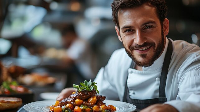 Chef presenting beautifully plated gourmet dish in restaurant