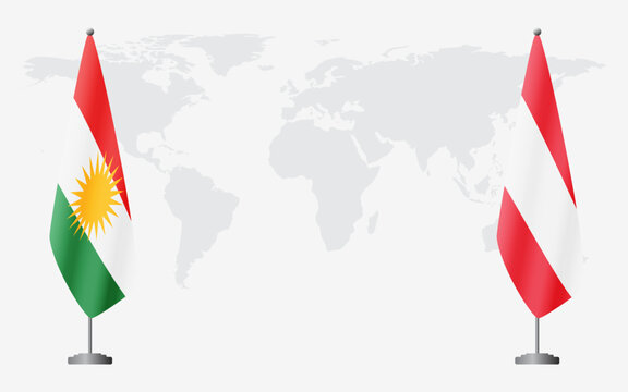 Kurdistan and Austria flags for official meeting against background of world map.