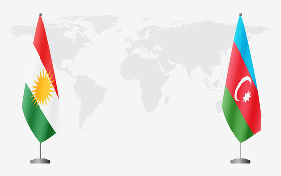 Kurdistan and Azerbaijan flags for official meeting against background of world map.