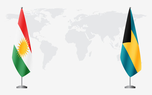 Kurdistan and Bahamas flags for official meeting against background of world map.