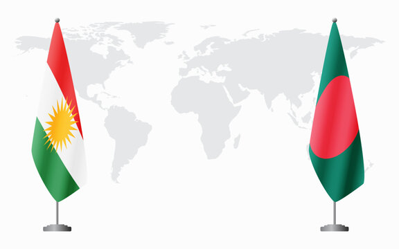 Kurdistan and Bangladesh flags for official meeting against background of world map.