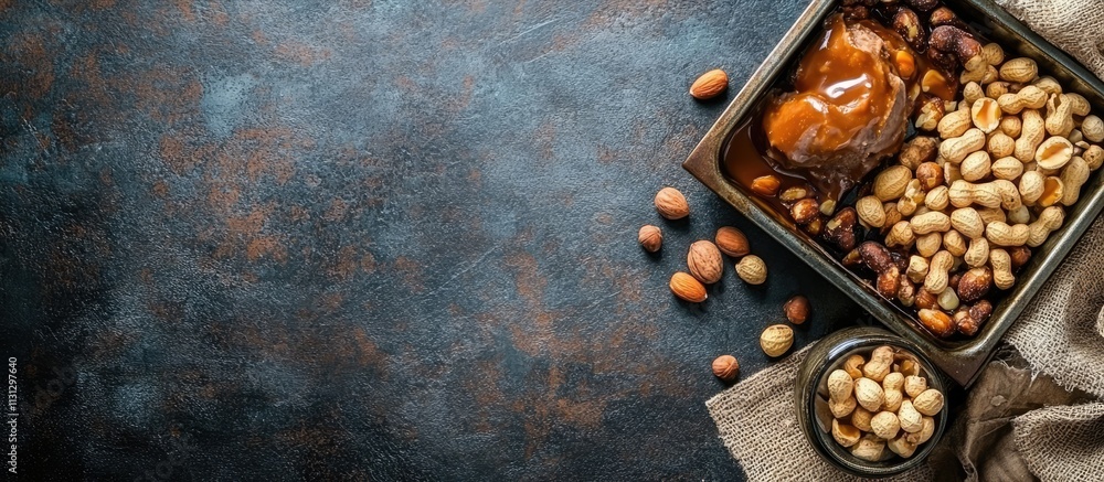 Poster Gourmet ice cream with caramel fried peanuts and hazelnuts in a rustic setting ideal for summer dessert inspiration with copy space