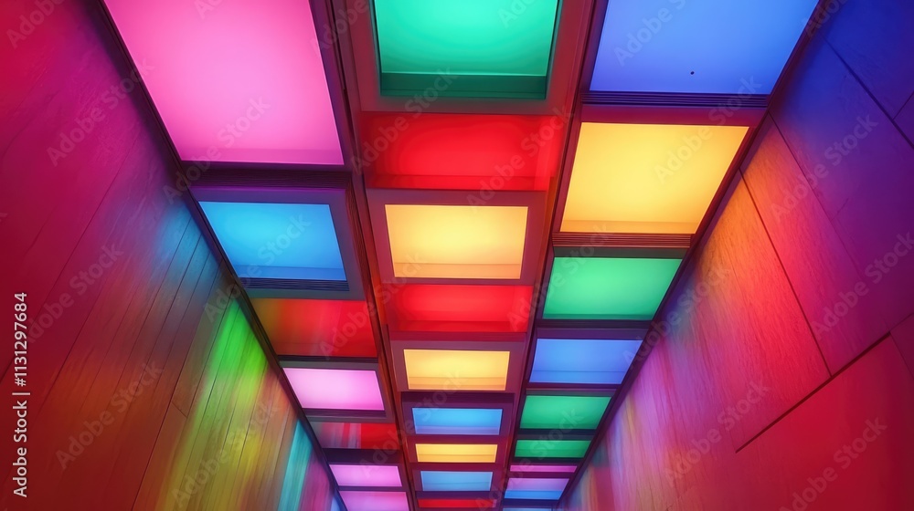 Poster vibrant illuminated ceiling featuring colorful panels in modern architectural design creating an art