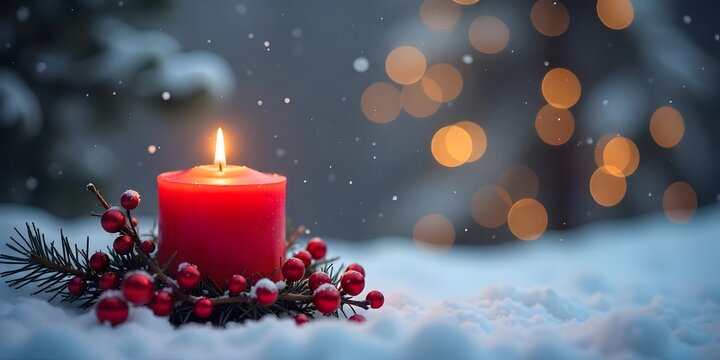 christmas decoration with candles and decorations with copy space gor text,  Festive red candles with holiday decorations and berries, christmas candle on a snow background