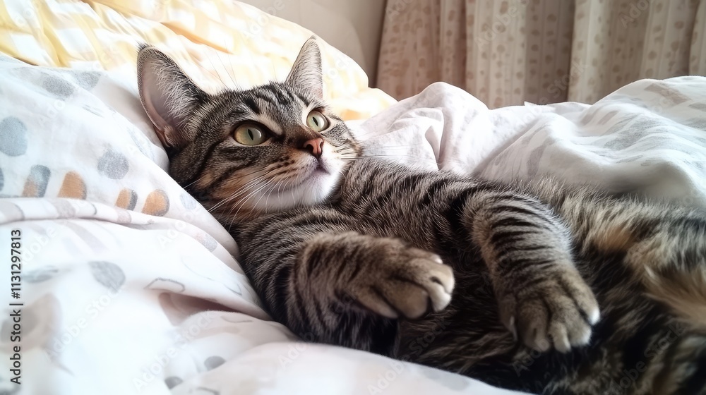Poster relaxed tabby cat lounging on a soft bed surrounded by cozy pillows and blankets in a warm and invit
