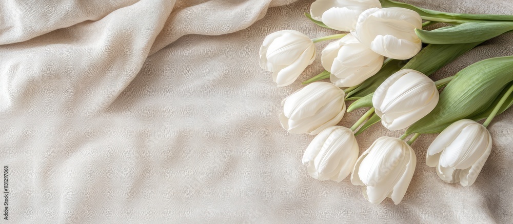 Poster easter greeting card design with white tulips on beige fabric and wooden table top view spring celeb