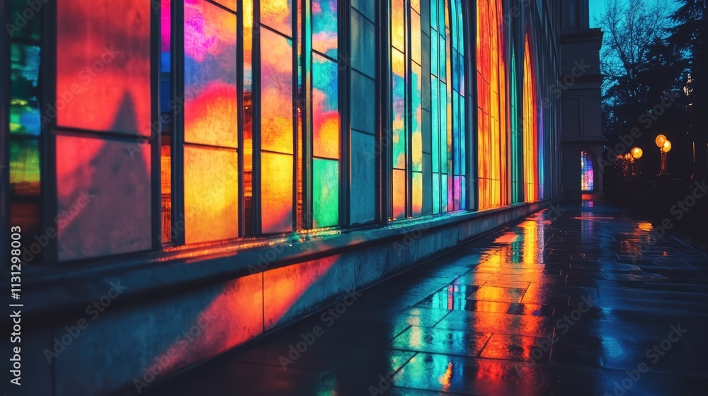 Poster vibrant reflections on a modern building showcasing colorful illuminated windows at dusk with a wet 