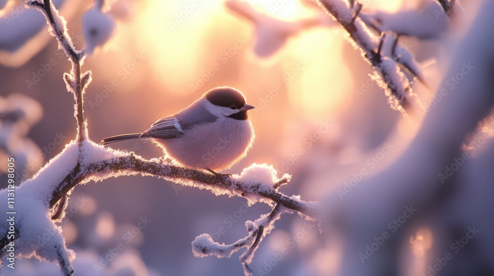 Poster Marsh tit perched on a frosted branch in a serene snowy forest illuminated by the soft glow of evening light