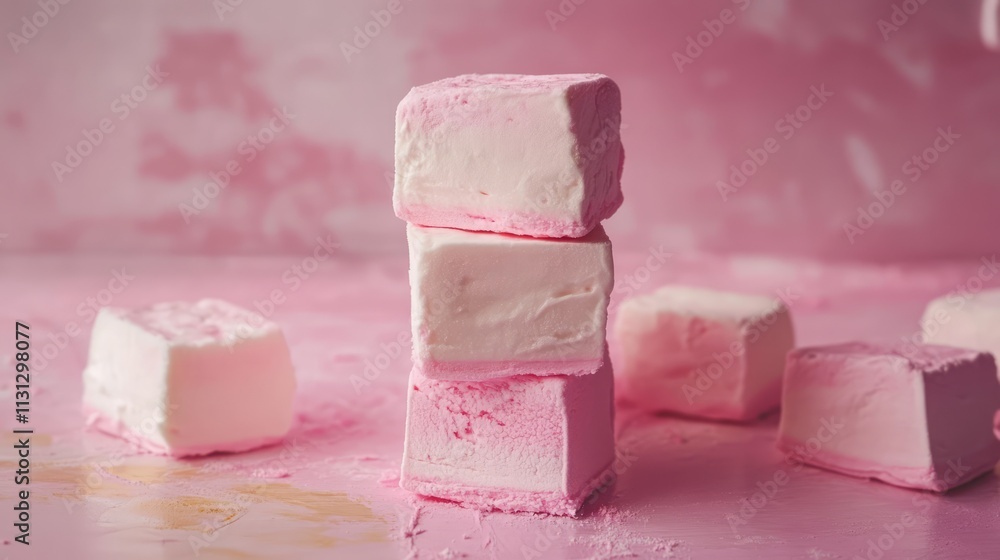 Poster delicate pastel marshmallows stacked on a soft pink background showcasing their sweetness and textur