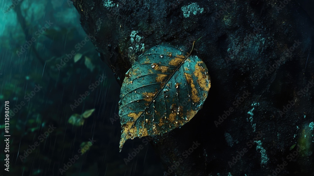 Aufkleber Dramatic close-up of a solitary leaf clinging to a moss-covered tree trunk in a moody forest setting during a rainstorm.