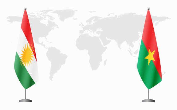 Kurdistan and Burkina Faso flags for official meeting against background of world map.