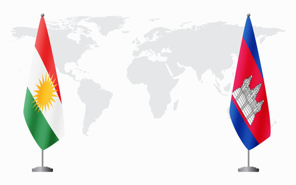 Kurdistan and Cambodia flags for official meeting against background of world map.
