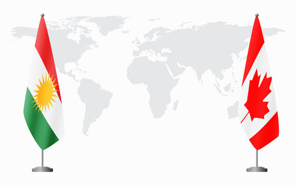 Kurdistan and Canada flags for official meeting against background of world map.