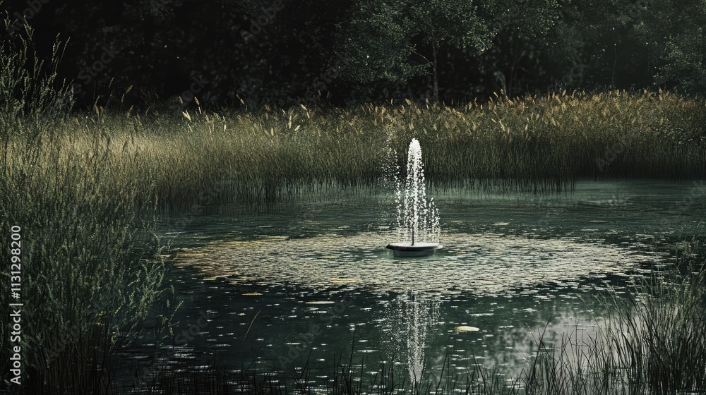 Poster serene marsh landscape with a tranquil fountain surrounded by tall reeds and lush greenery under sof