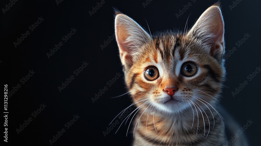 Poster Bobtail kitten portrait with expressive eyes on a dark background showcasing its unique features and playful nature.