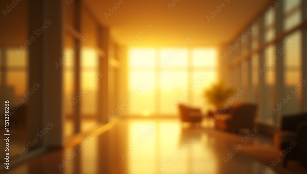 Poster Abstract gold light filters through a blurred glass wall that separates two contrasting spaces within the same building room._00001_