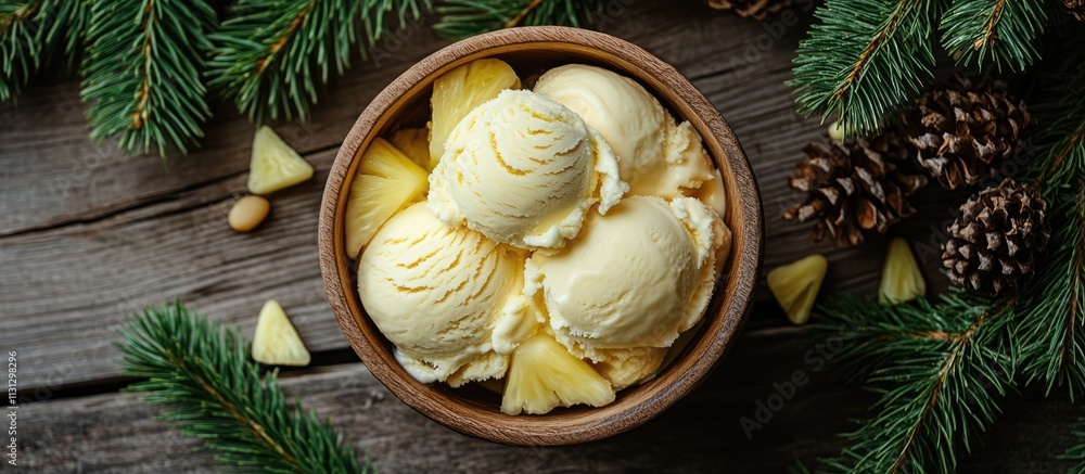 Poster Pineapple ice cream with pine nuts in a wooden bowl surrounded by fir tree branches and pine cones on a rustic wooden table