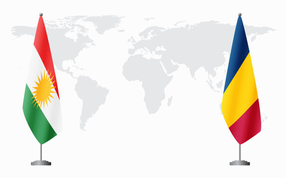 Kurdistan and Chad flags for official meeting against background of world map.