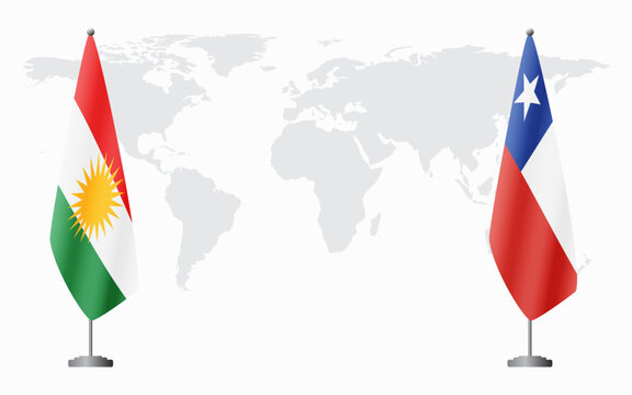 Kurdistan and Chile flags for official meeting against background of world map.