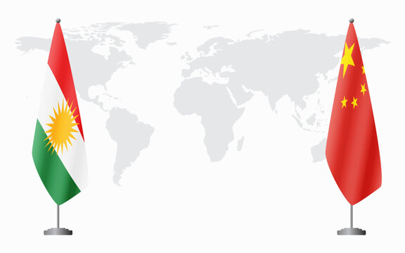Kurdistan and China flags for official meeting against background of world map.
