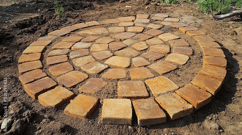 Aufkleber circular brick walkway design showcasing an endless pattern of stone pavers set in earthy soil for l