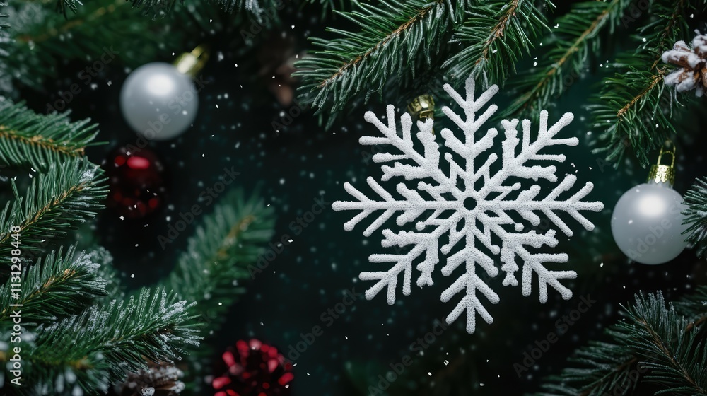 Poster christmas tree decorations with white snowflake on spruce branches creating a festive winter atmosph