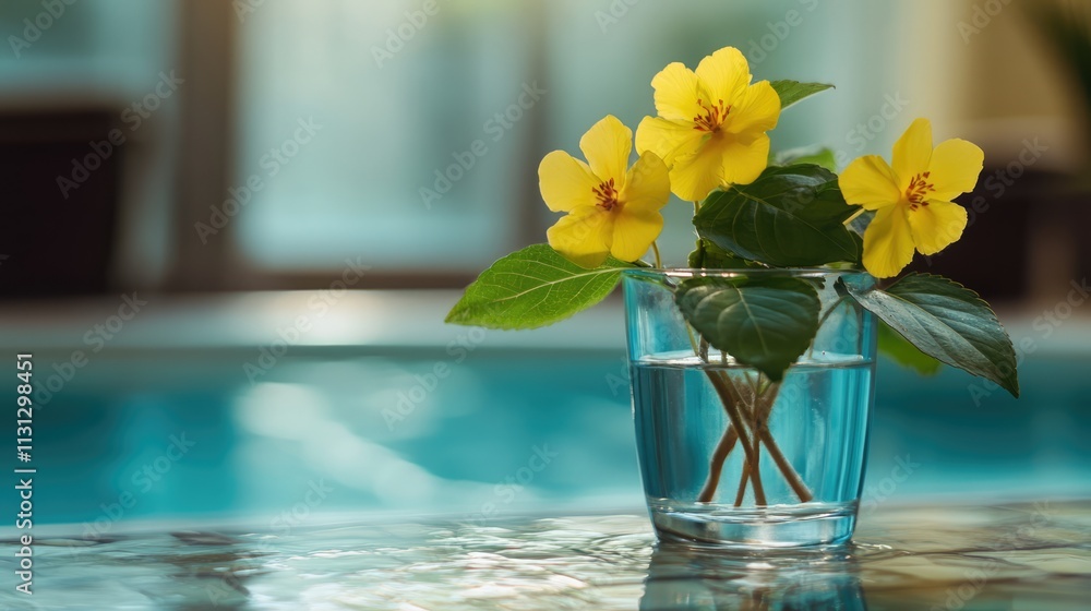 Aufkleber yellow flowers and green leaves in a glass vase beside a sparkling swimming pool creating a serene a
