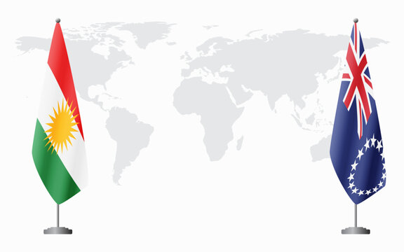 Kurdistan and Cook Islands flags for official meeting against background of world map.
