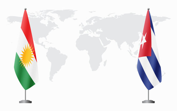 Kurdistan and Cuba flags for official meeting against background of world map.