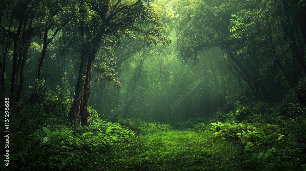 Poster lush natural rubber tree plantation forest with dense greenery and sunlight filtering through the ca