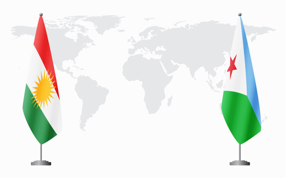 Kurdistan and Djibouti flags for official meeting against background of world map.