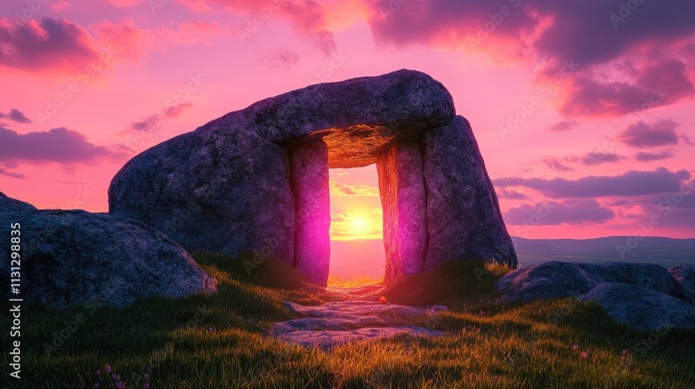 Poster ancient dolmen portal illuminated by a vibrant pink sunset creating a mystical and serene atmosphere