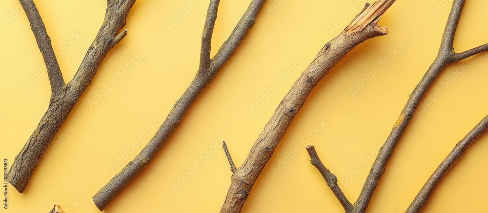 Poster creative flat lay of unique tree branch arrangement on a vibrant yellow background showcasing nature