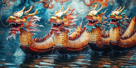 Fototapeta premium Dragon boat fleet on calm water