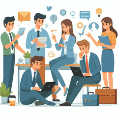 Obraz premium Partners meeting for business discussion with documents and laptop on desk. Couple at round table, speaking, discussing work, partnership. Flat vector on a white background