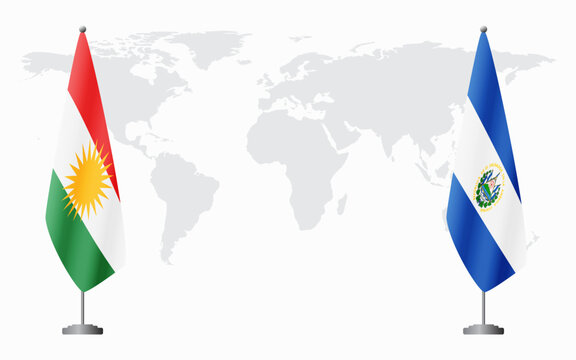 Kurdistan and El Salvador flags for official meeting against background of world map.