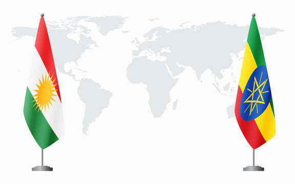 Kurdistan and Ethiopia flags for official meeting against background of world map.
