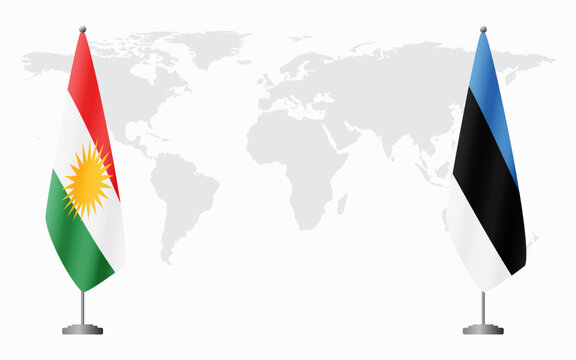 Kurdistan and Estonia flags for official meeting against background of world map.