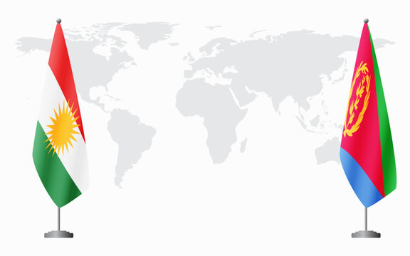 Kurdistan and Eritrea flags for official meeting against background of world map.