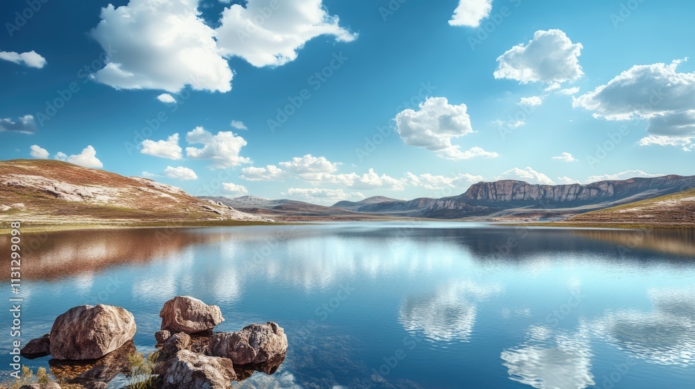 Aufkleber serene 3d landscape rendering featuring a tranquil lake surrounded by mountains and fluffy clouds on