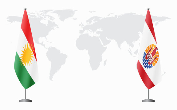 Kurdistan and French Polynesia flags for official meeting against background of world map.