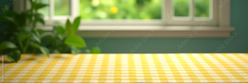 Poster a yellow checkered tablecloth is placed on a surface next to an abstract depiction of a green garden