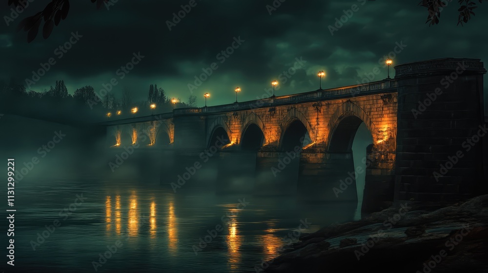 Poster illuminated old drawbridge over a serene river at night with atmospheric lighting and a captivating 